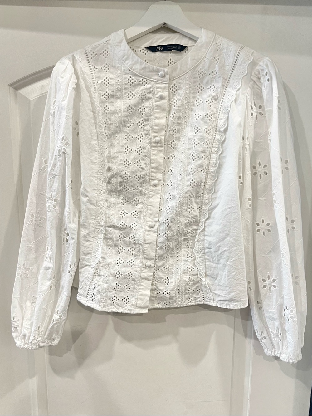 Zara White Eyelet Embroidered Button-Up Blouse Puff Sleeve Cottagecore